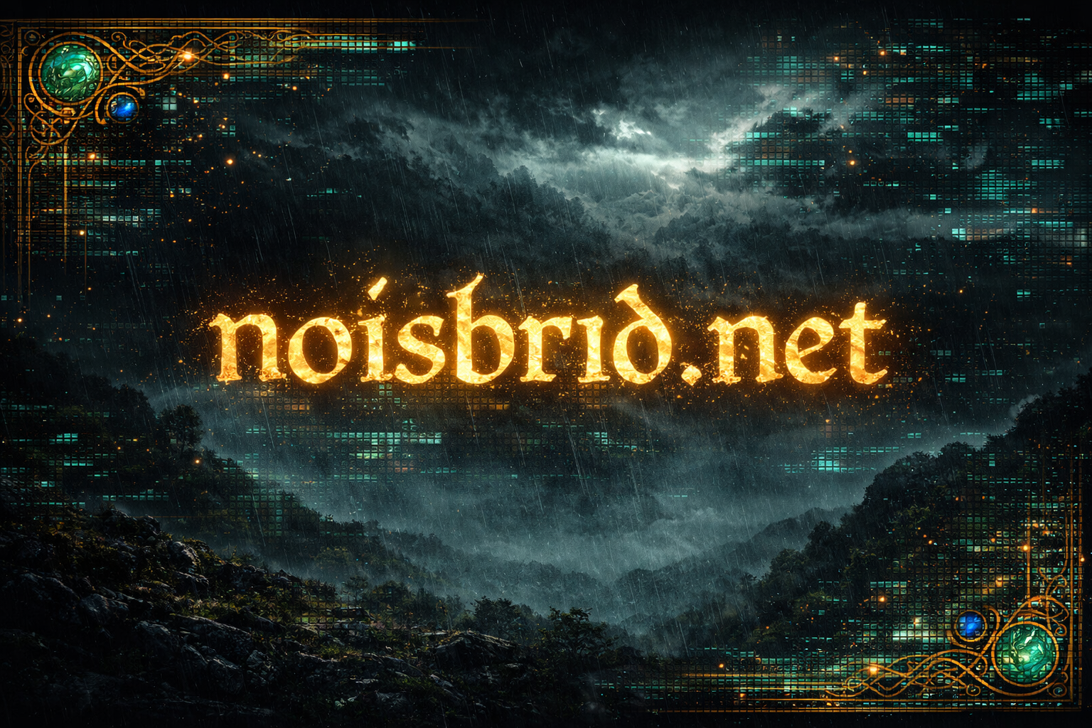noisebridge.net rendered in glowing medieval script against a stormy digital sky